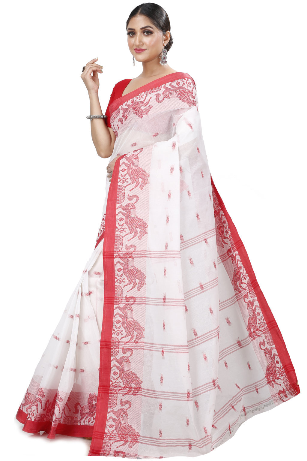 White Red Pure Cotton Indrani Tant Saree (1019)